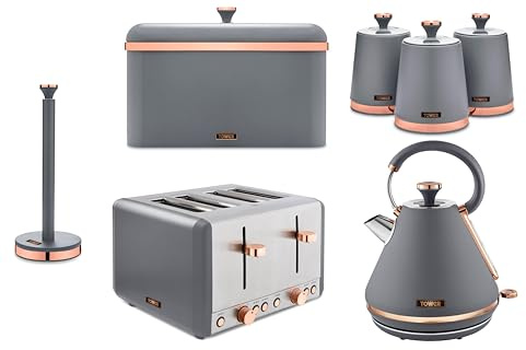 Tower Cavaletto Grey 1.7L 3KW Pyramid Kettle, 4 Slice Toaster, Bread Bin, Canisters & Kitchen Roll Holder. Contemporary Matching Kitchen Set of 7 in Matte Grey Finish with Rose Gold Accents