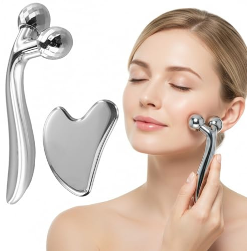 Set Massaggiatore Viso e Gua Sha – Rullo Facciale Rotante 360°, Massaggiatore Viso 3D, Gua Sha Attrezzi in Acciaio Inossidabile per Rilassamento Muscolare e Antirughe