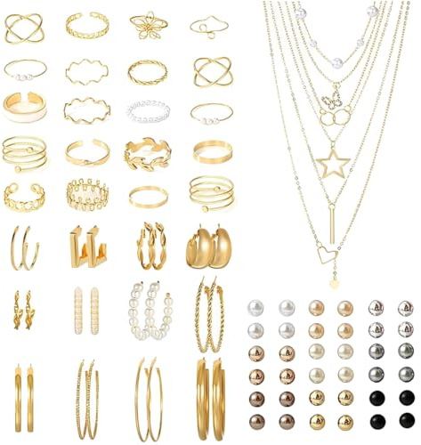 Bcenoilua Parure Ensemble de Bijoux Femme Avec Boucles d'oreilles Créoles en Or Épaisses à la Mode Accessoires Anneaux en or Ensemble Collier et Bracelet Fantaisie Costume Bijoux (Oro-B, Taglia unica)