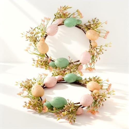 Juego de 2 coronas de Pascua de 40 cm, corona de primavera, para puerta exterior, con coloridos huevos de Pascua y lazo de yute, corona de primavera para ventana, pared y mesa, decoración de primavera