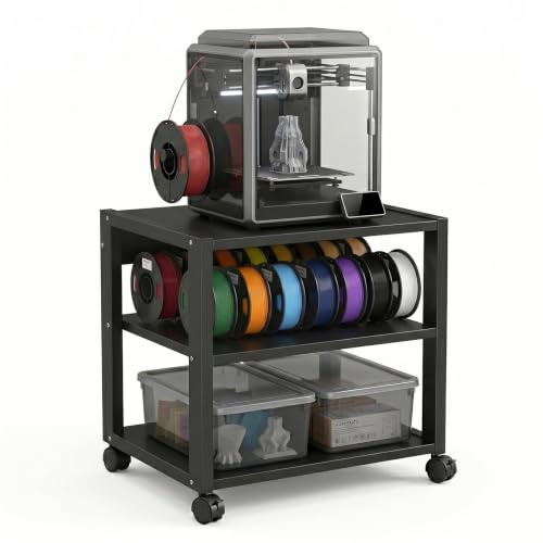 GTYMTTX Support Imprimante à roulettes 3 Niveaux, 50x40x48,5cm, Tablette Centrale Ajustable, Chariot de Rangement Mobile sous Bureau pour Imprimante 3D et Dossiers, Structure en Métal Robuste, Noir