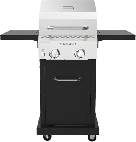 Megamaster - Barbacoa de gas propano con 2 quemadores con mesas laterales plegables, perfecta para acampar, cocina al aire libre, terraza, jardín, barbacoa parrilla, 28.000 BTU, plata y negro,