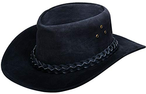Australiensisk unisex västerländsk stil cowboy outback äkta mocka läder australiensisk buske hatt, Svart, S