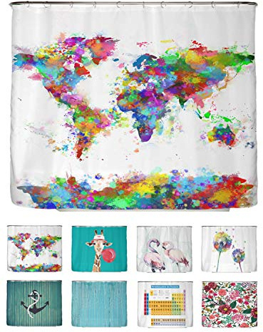 arteneur® - Weltkarte - Anti-Schimmel Duschvorhang - Recycelt 240x200 mit Öko-Tex Standard 100 - Beschwerter Saum, Blickdicht, Wasserdicht, Waschbar, 16 Ringe & E-Book mit Reinigungs-Tipps