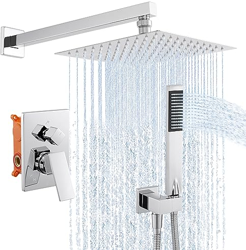 KES Sistema Doccia Quadrato Set Doccia Miscelatore a 3 Funzioni Soffione Doccia da 24,8 CM con Palmare Incluso Corpo Valvola Ruvida e Finiture Kit Doccia a Pioggia per Bagno Cromo Lucido, X6230-CH