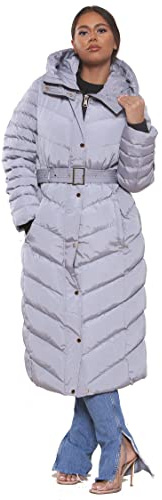 shelikes Women's Long Padded Coat Winter Warm Quilted Jacket Hooded Parka Coats with Removable Faux Fur Hood for Ladies Gray