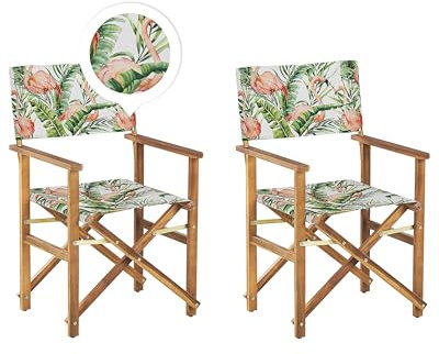Set di 2 Sedie da regista da Giardino in Legno chiaro crema e fenicotteri multicolore