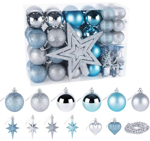 ilauke 70Pcs Christmas Baubles Set, Christmas Balls Shatterproof, Christmas Tree Ornaments, Hanging Christmas Decorations for Xmas Tree, Wedding, Party, Blue & Silver