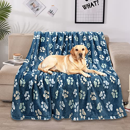 Flannel Pet Blankets for Large Dogs & Cats, Washable, Soft Mat Throw Cover for Kennel, Crate, Bed - Cute Paw Pattern - Navy Blue 50 x 60