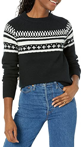 Amazon Essentials Jersey suave al tacto con cuello redondo y estampado isla Fair Mujer, Negro Estampado Navideño, L