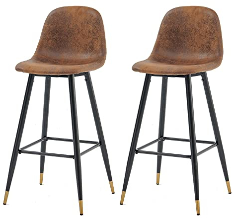 MEUBLE COSY Barhocker 2er Set Barstuhl Vintage mit Lehne und Fußstütze Sitzhöhe 76 cm aus Wildleder Metallbeine für Bar Bistro Café Küche, Kunstleder, Industrie-Design, Braun + Goldfarben