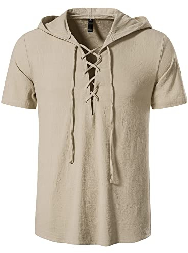 MakingDa Lace Up Viking T Shirt Men with Hood Retro Medieval Costume Cotton Pirate Renaissance Victorian Steampunk Gothic LARP Hooded Tops-Khaki-S