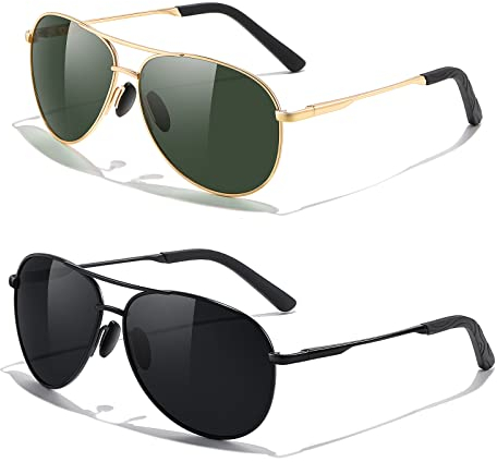 kunchu 2 Stück Fliegerbrille Sonnenbrille-für-Herren-Damen-Pilotenbrille-Retro Vintage Polarisiert Sunglasses Set Schwarz Piloten Brille mit UV400 Schutz Fahrerbrille Verspiegelt Brille für Men,5