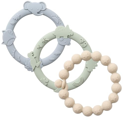 YIVEKO Baby Teether Rings Silicone Teethers for Babies Multi Use Teething Toys for Infants Chew Toys Baby Teething Rings for Infant Boys and Girls 3 Pack-Blue