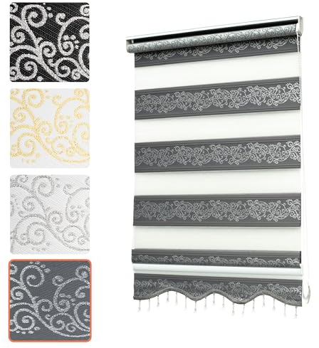 Bailena® Doppelrollo Klemmfix ohne Bohren - 4in1 Duo Rollo mit Muster Grau Silber Glitzernd 90x200cm - Ranken & Blumen Motiv Doppelrollo mit Perlen - Gardinen Rollos für Fenster & Tür