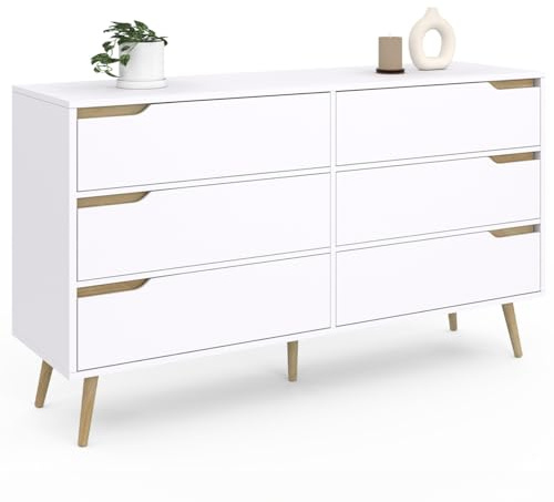 IDMarket - Kommode mit 6 Schubladen Helsinki XXL 140 cm skandinavisch weiß