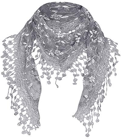 Damen Spitze Dreiecksschal Halstuch Tuch Dreieckstuch Damen Herbstschal Dünn Schal Weich Deckenschal Tuch Elegant Mit Fransen Sommer Schals Leichte Lange Gaze Damenschal Eleganter (Grey, One Size)