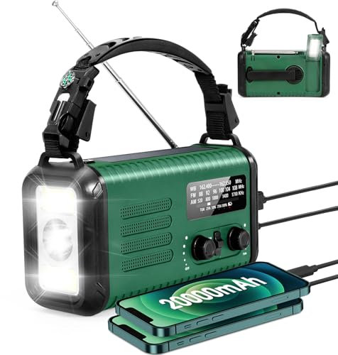 Emergency Hand Crank Weather Radio, 20000mAh AM/FM/NOAA Solar Powered Radio with Phone Charger, USB Charged, LED Flashlight, Reading Lamp, Headphone Jack, SOS Alarm, Emergency Compass