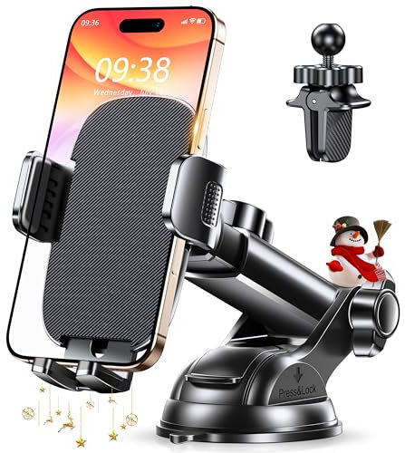 Glangeh Soporte Movil Coche con Agarre Superior, 4 en 1 Suporte Telemovel Carro para Salpicadero/Parabrisas/Aire Ventilación, Rotación 360° he, Compatible con Móviles de 4”-7”Diseñado para Máx Estable