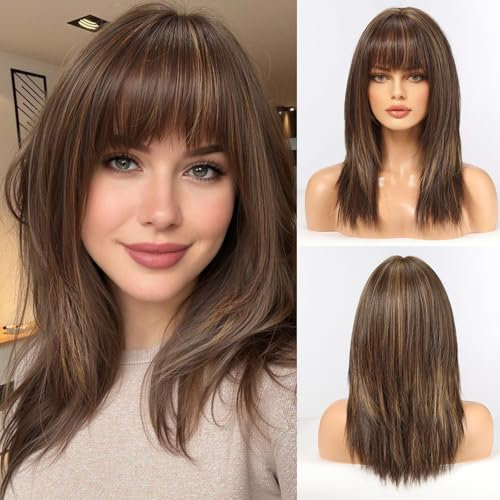 HAIRCUBE Donne Parrucca Parrucche Dritte per Le Donne Lunghezza Spalla Marrone Parrucca Sintetiche con Bangs Cosplay quotidiano