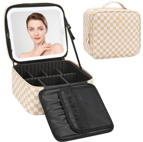 Relavel Travel Makeup Bag With LED Mirror, Cosmetic Train Case with Light up Mirror, Portable Makeup Artist Organizer Bag with Adjustable Dividers, Makeup Brush Holder Storage, Plaid