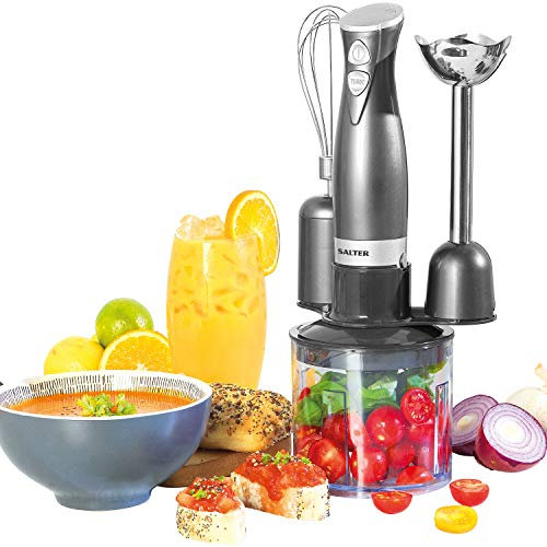 Salter Batidora de mano Cosmos 3 en 1 - batidor, licuadora y picadora, picadora de verduras, cuchillas de acero inoxidable, tazón de 500 ml, 2 velocidades, 350 W, EK2827GUNMETALFVDE