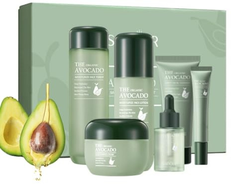 Set di 6 pezzi Avocado per la cura della pelle per donne e adolescenti – Set per la cura della pelle con detergente per il viso, toner, siero, lozione, crema viso e crema per gli occhi, confezione