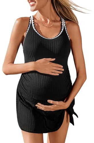 Summer Mae Ribbed Maternity One Piece Swim Dress Pregnancy Swimsuit with Built-in Bottom Swimwear Tie Knot Skirt Bathing Suit Dark 16