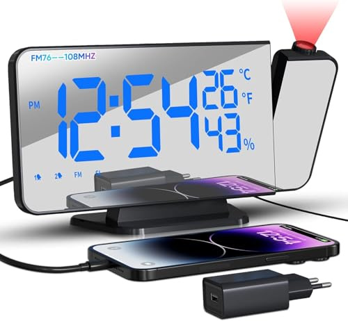 TAKRINK Projektionswecker mit USB-Anschluss Wecker Digital mit Projektion Dual-Alarm 12/24H Radiowecker LED-Anzeige 180° Projektor 4 Projektionshelligkeit projektion für Schlafzimmer(Marineblau)