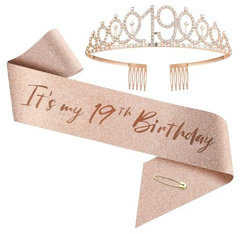 Uppgradera födelsedagskrona och skärp för kvinnor födelsedagar från 1 år till 100 år – roséguld strass tiara set och skärp för dekorationer (19 år)