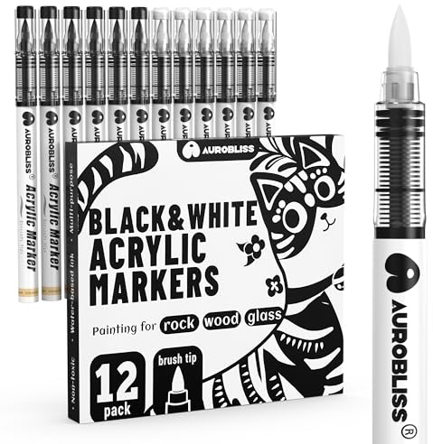 Rotuladores acrílicos negros y blancos, 12 piezas, con punta de pincel flexible, para pintar en roca, cerámica, vidrio, madera, tela