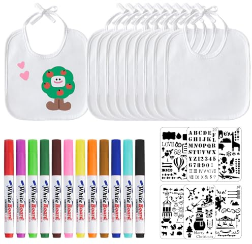 10 babyhaklappar för målning, babyhaklappar, bomull med 3 målningsmallar, 12 färgade pennor, babyparty, dekoration, spel, vattentäta haklappar för babyshowerparty, pojke, flicka, babyshowers, djur