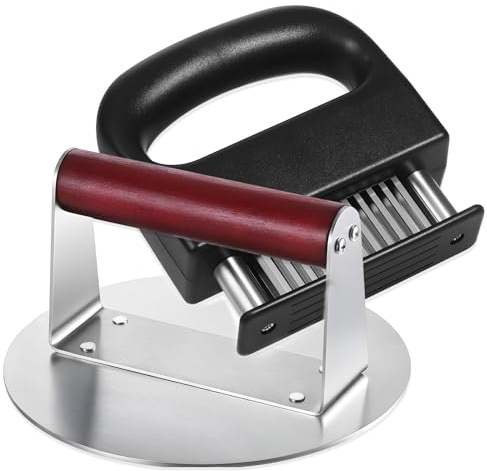 Zourglow Smash Burger de Acero Inoxidable + Ablandador de Carn, Aplasta Hamburguesas de 6 Pulgadas con Mango de Madera, Ablandador de Bistec Afilado de 48 Puntas, para Barbacoa, Parrilla, bis