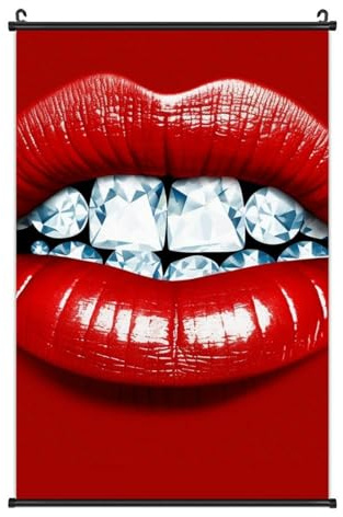 POTSCBVW 16x24 Classic Canvas Wall Art with Hanging Kit, Red Lips with Diamond Hanging Poster Waterproof & Fade-Resistant Scroll Canvas Painting for Home, Office Decor