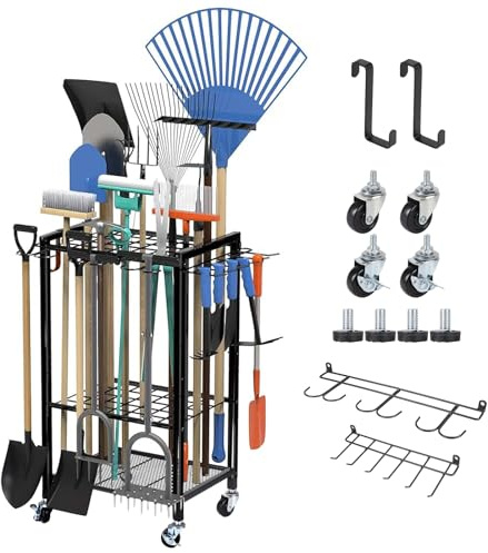 efuturetime Organizer per Attrezzi da Giardino con Ruote, Porta Attrezzi da Giardino in Metallo Conserva 50 Utensili 80×40×32cm per Riporre Scope, Pale e Rastrelli per Garage, Rimessa