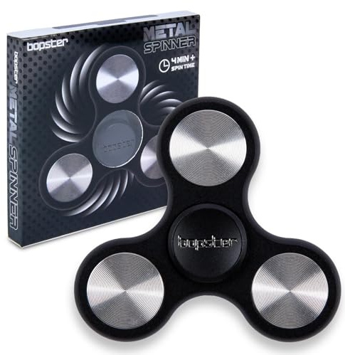 bopster metallspinnare | Handhållen tri-fidget-spinnare för barn och vuxna | 4+ minuters spintid, 73 g | Slät skrivbordsleksak för stresshantering, koncentration | Svart