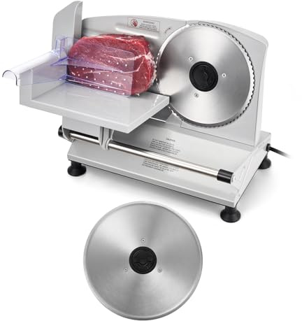 VEVOR Cortafiambres Eléctrico 150 W, Cortadora de Fiambre con Cuchilla Afilada de 170 mm, Velocidad de Corte de 65 a 90 RPM, Grosor Ajustable de 0 a 15 mm, para Carne Congelada, Jamón, Baguette