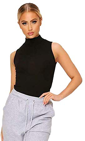 STAR FASHION Ladies/Women Sleeveless Stretchy High Turtle Polo Neck Vest Top Fashionable and Causal T-Shirts-Black-8-10