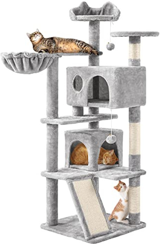 Yaheetech Arbre à Chat Multiniveau Tour pour Chat avec Cachettes Panier Perchoirs Rampe Poteaux en Sisal Boule Suspendue Tour d'escalade pour Chatons 145 cm de Haut Gris Clair