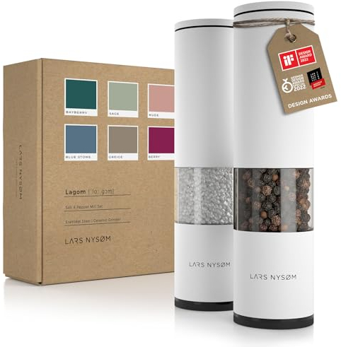 LARS NYSØM Salz und Pfeffer Mühle 2er Set Manuell mit einstellbarem Keramik-Mahlwerk von grob bis fein I Design Gewürzmühlenset (2 Stück) (Pure White)