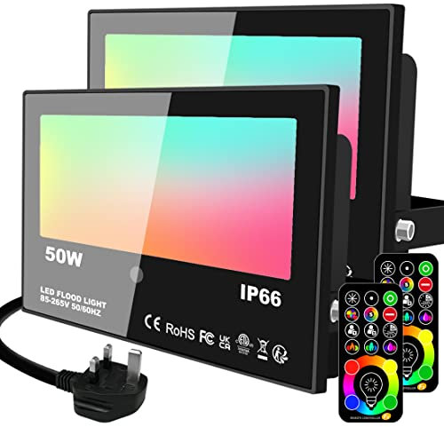 Lighting Master LED Floodlight Outdoor 50W 5000LM, 120 RGB Colours Changing + Warm White Flood Lights, with Timing Remote Control, IP66 Waterproof, UK 3-Plug, for Garden Lighting (2 Pack)