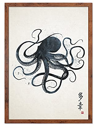 Strand Clothing Japanese Octopus Calligraphy Art Print Poster - Woodblock Ukiyo-e Wall Art (A2 Rustic Frame)