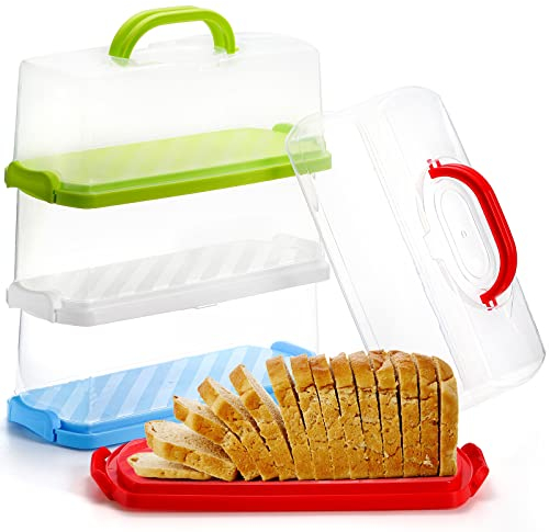 Cedilis 4 Pack Portable Bread Box with Clear Lid, Plastic Loaf Cakes Storage Containers with Handle, Rectangular Bread Keeper for Storing Quick Breads, 4 Colors