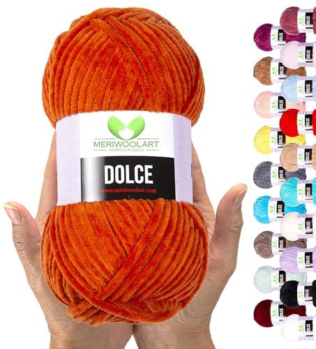 MeriWoolArt Chenille Garn zum Stricken und Häkeln Terrakotta - 100 g und 120 m Samt-Wolle - 100% Flauschige Polyester Strickgarn für Amigurumi Kissen Decken weiche Kleidung Geschenke
