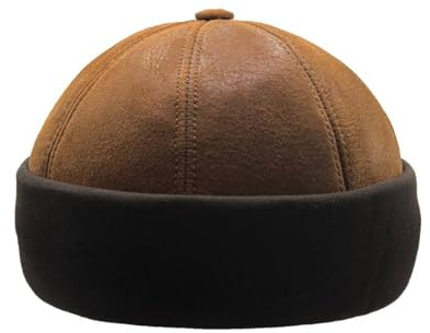 Lukkizara Unisex Genuine Leather Docker Hat Rolled Cuff Brimless Worker Skullcap Street Hip Hop Beanie Cap Retro Brown