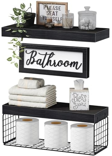 QEEIG ‎Bathroom Shelves Over Toilet - Paper Storage Wall Mounted Farmhouse Decor Decorations Aesthetic Décor Sign Small Floating Shelf 2+1 Set 16 inch, Black (020B)