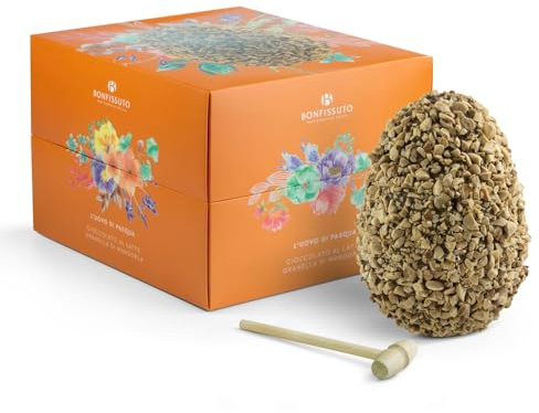 Uovo di Pasqua Artigianale Cioccolato al Lattte e Granella di Mandorle | Mandorlato | Bonfissuto Pasticceria Siciliana | Martelletto da Cucina in Legno Omaggio | 500Gr | Sorpresa | Dolce Pasquale