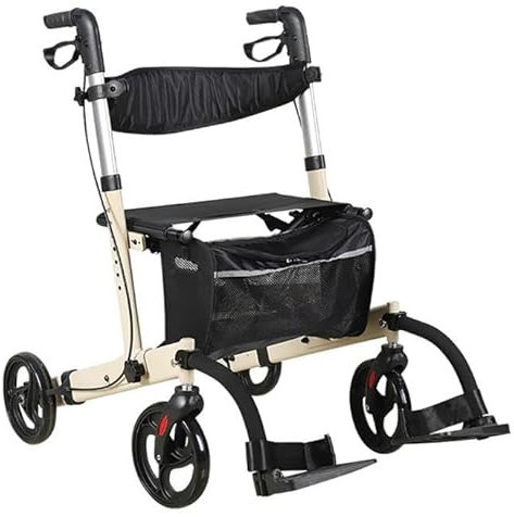 alluminio Rollator,Rollator pieghevole,Deambulatore per Anziani con 4 ruote,Rollator con Freni di Stazionamento,pieghevole e leggero, con sedile,Altezza regolabile Beige