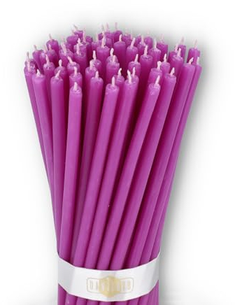Danilovo Reine Bienenwachskerzen – tropffrei, rauchfrei, hohe, dünne Spitzkerzen – dekorative Kerzen für Kirchgebet, Deko oder Geburtstagskerzen – Honigduft Kerzen – 16 x 0,5 cm (Lila, 50 Stück)