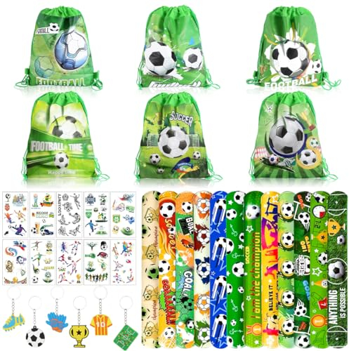 Meleager 46 Stück Fußball Mitgebsel Kindergeburtstag, Fußball Party Mitgebsel Kinder, Fußball Party Gastgeschenke Set, mit Kordelzug Taschen Schnapparmband Tätowierungen Schlüsselanhänger
